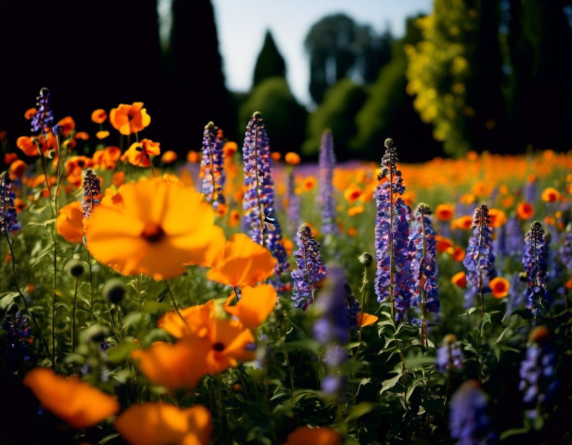 Very Soft focus, Woman and man in a colorful garden, poppy flowers, daisies, sunflowers, Cyprus trees, soft bright sunlight, circa 1900, aut...
