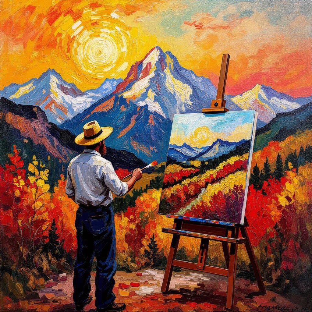 a painter at an easel painting a mountain full of Fall leaves; red, yellow, and orange.