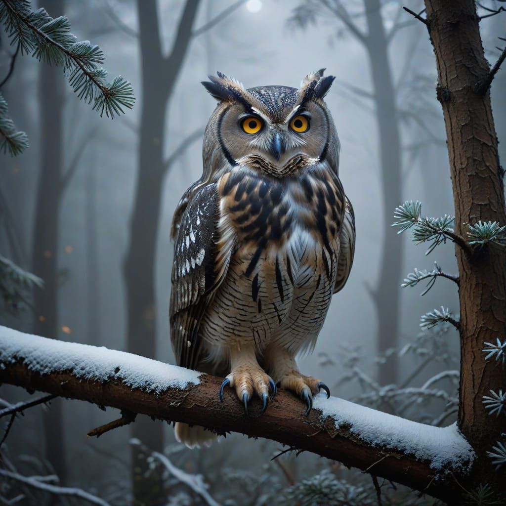 Thick fog in a dense forest in the winter, there's a large owl sitting on a branch in a tree. It's night. ...  by @Eto Demerzel