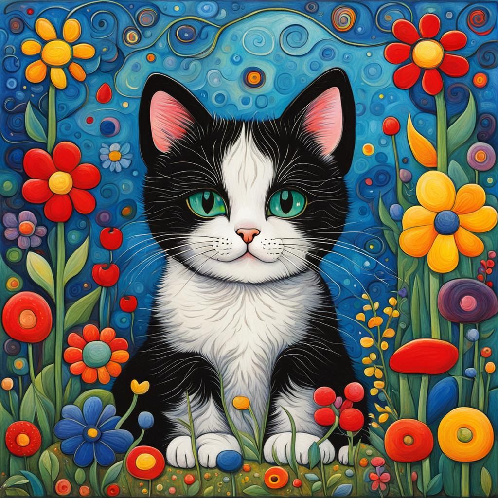 cute kitten in colorful garden, early spring, Joan Miró, Gustav Klimt, hyperdetailed frame