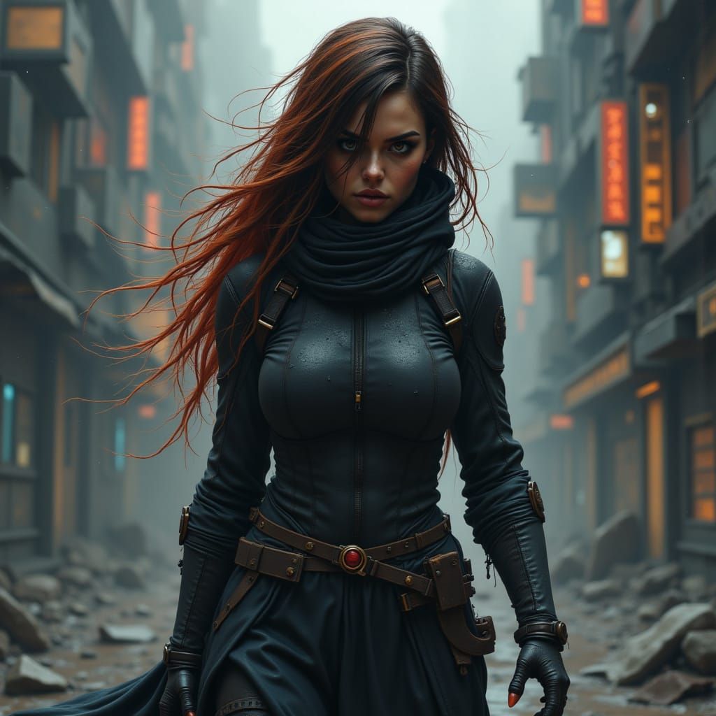 Medium shot of a female sci-fi protagonist in a cyberpunk city on a rainy evening. <lora:Caffeine Grimoire:1.0>,