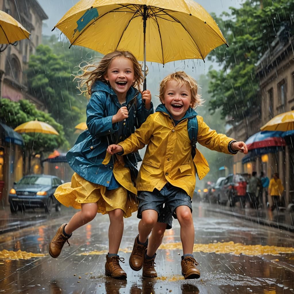 Children Play in Rain: Matte Painting in Eerie Style