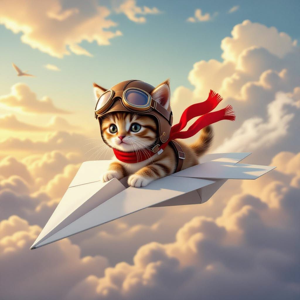A tiny, brave kitten wearing a helmet and goggles, a scarf fluttering around its neck, heroically flying on a large paper airplane. The pape...