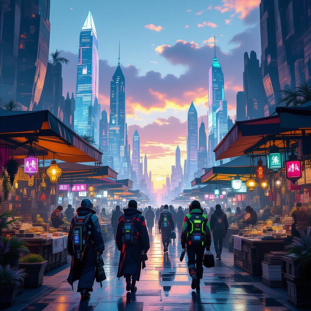 A bustling marketplace on a vibrant, alien planet, where exotic flora and fauna are sold. Towering, crystalline structures pierce the sky, r...