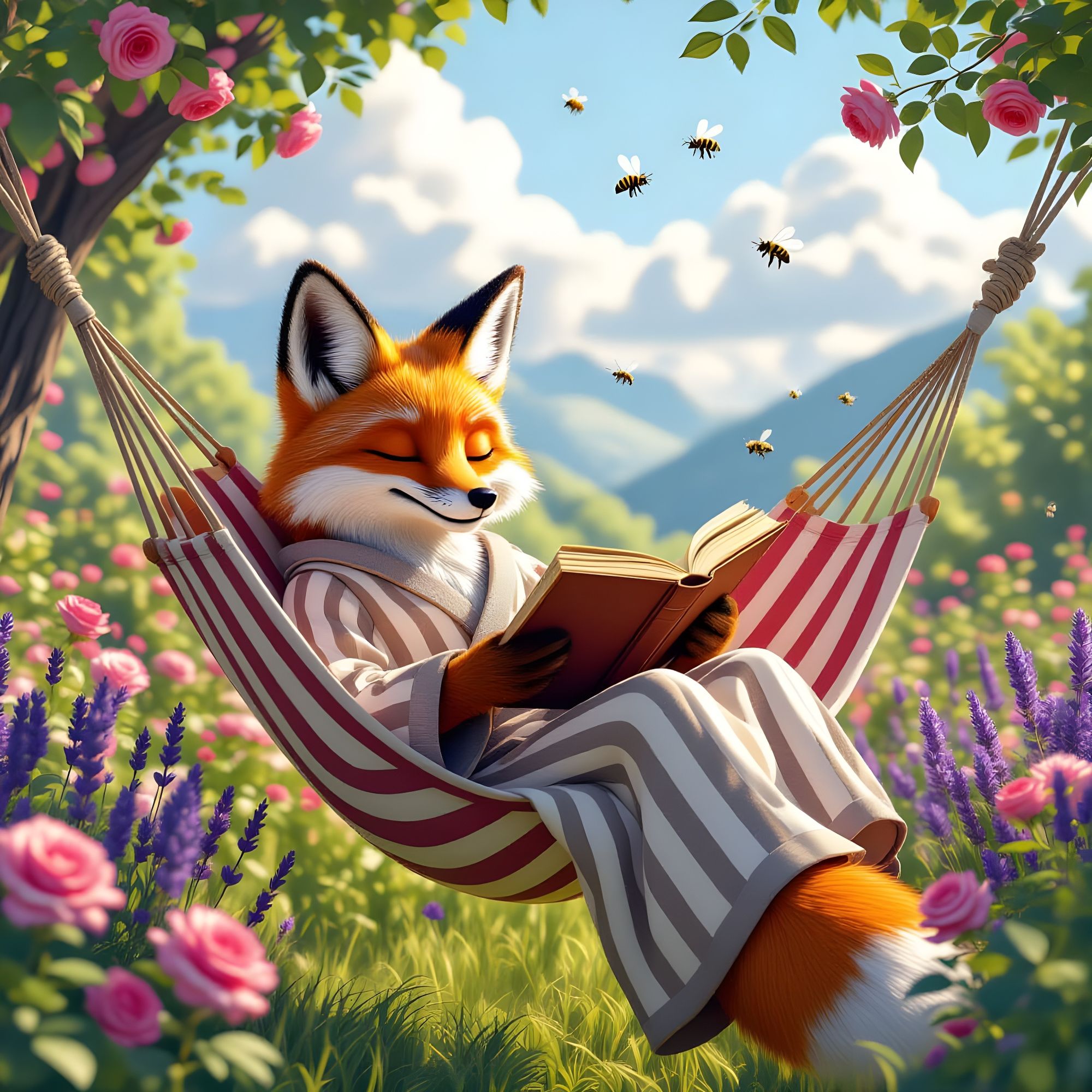 Peaceful garden relaxation. Wise fox character wearing comfy clothes, gently swinging in a striped hammock. Reading an old book with gentle ...