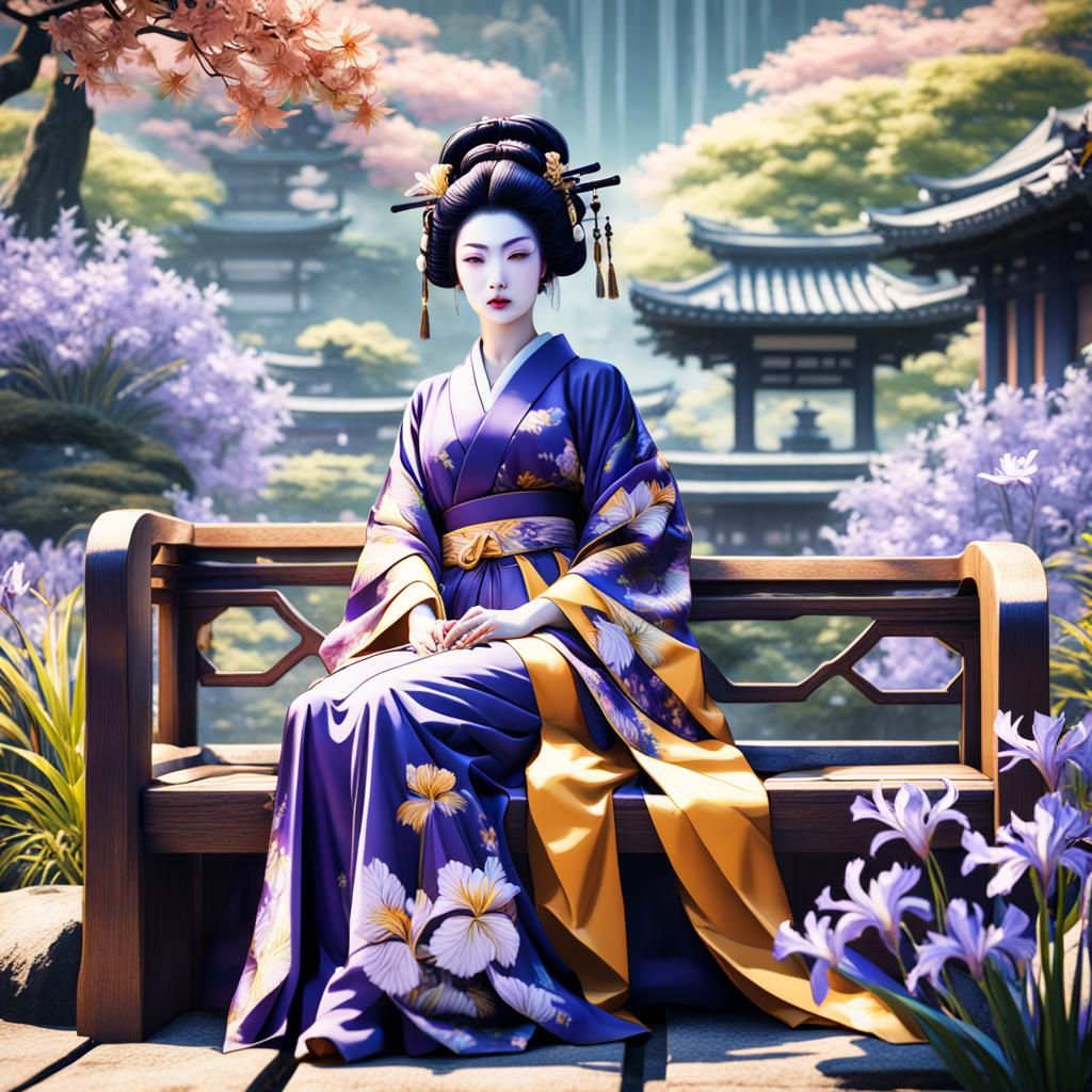 Vintage beautiful fantasy (Geisha in iris kimono) (sitting on bench) (in Japanese garden)  by @bashfulglowfly