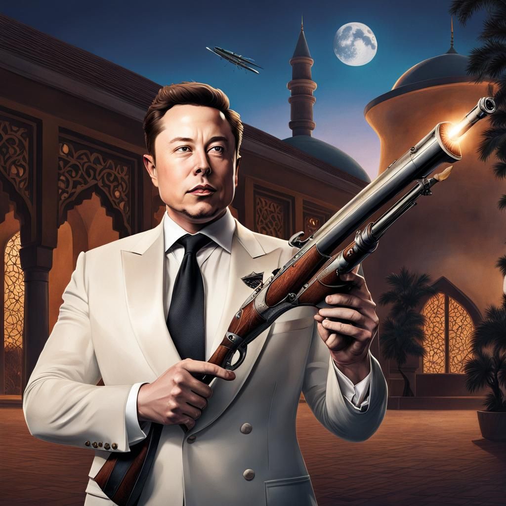 Elon musk pointing an Elon musket at an Elon mosque surrounded by Elon ...