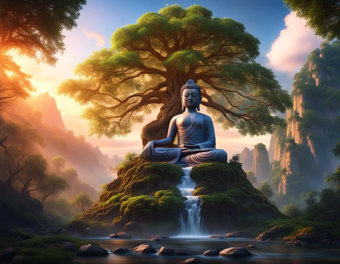 magnificent landscape: Buddha under Bodhi tree,lush forest, correct anatomy, stream, beautiful nature, mountain, stunnin...