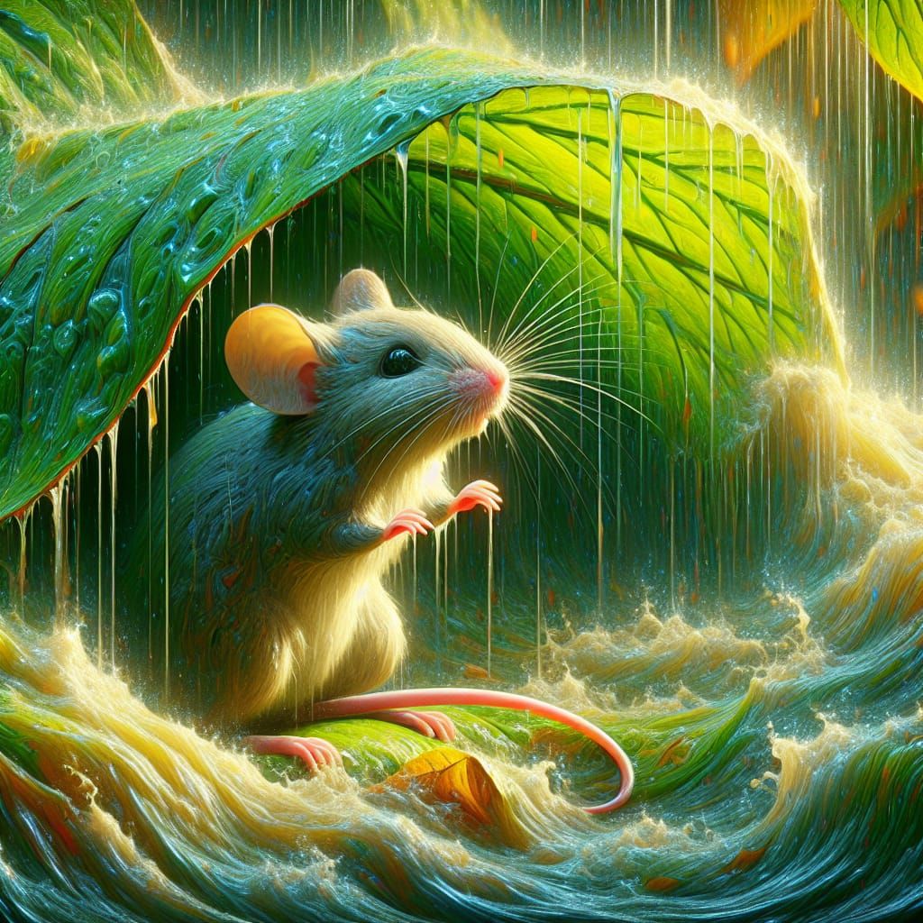 Mouse Shelters Under Leaf in Renaissance-Inspired Rainstorm