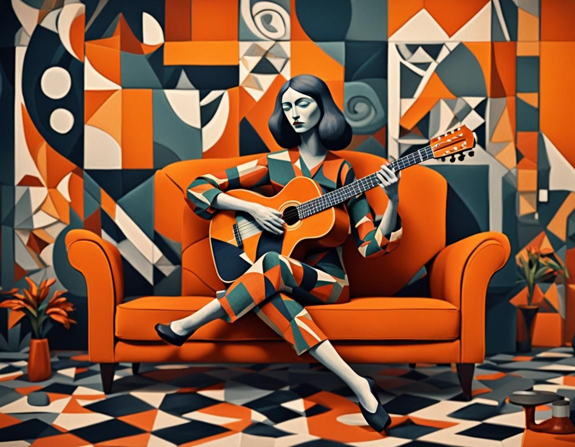 all shades of orange + image of cubist Picasso style woman s...