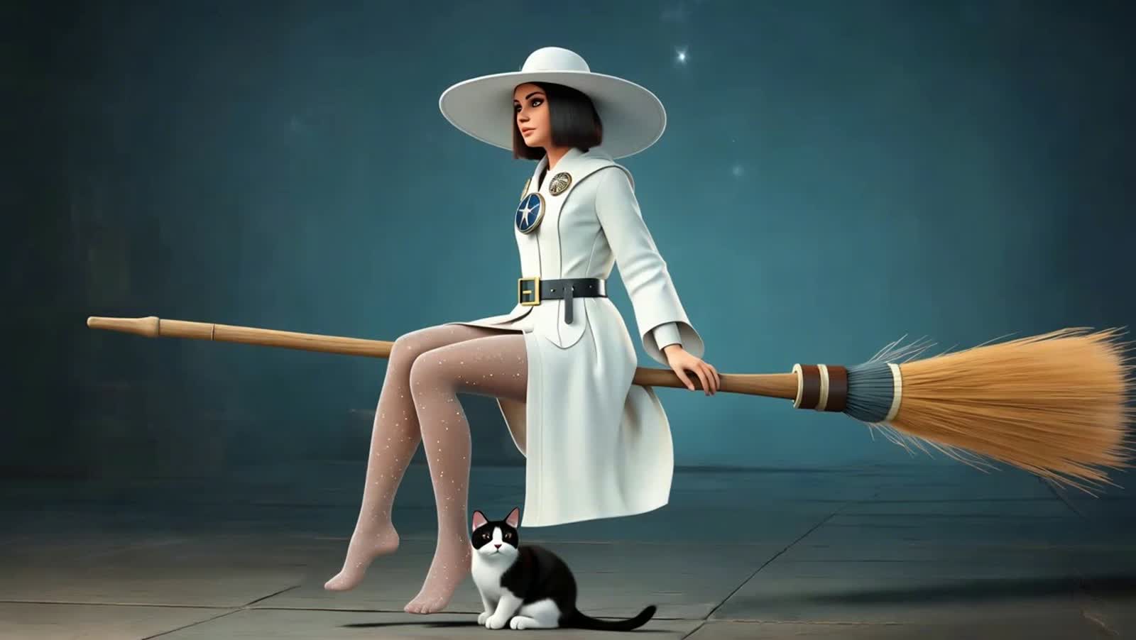 A full-body, photo-realistic portrait of Loxy, portrayed as a good witch with a serene, otherworldly presence. She sits ...