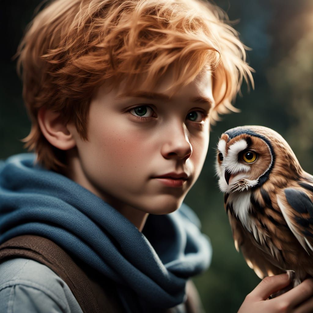 Boy Reaches Out to a Majestic Black Owl in a Moody, Earthy L...