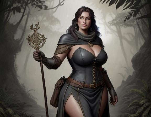 A fantasy illustration of a	Matronly	plus-sized	Kobold	Hunter	 wearing conservative clothing,	 near a	Rain-Forest	, ...  by @Lots-of-games-to-play