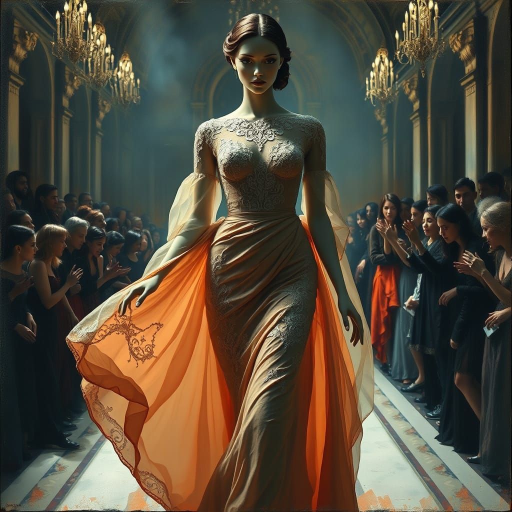 A very pretty mannequin in the stunning dress is walking on the catwalk. The crowd looking at her with ...  by @undefined