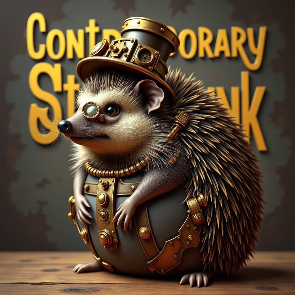 the huge text "Contemporary Steampunk" appearing in the background: 
hyperdetailed contemporary art style steampunk hedgehog with a steampun...