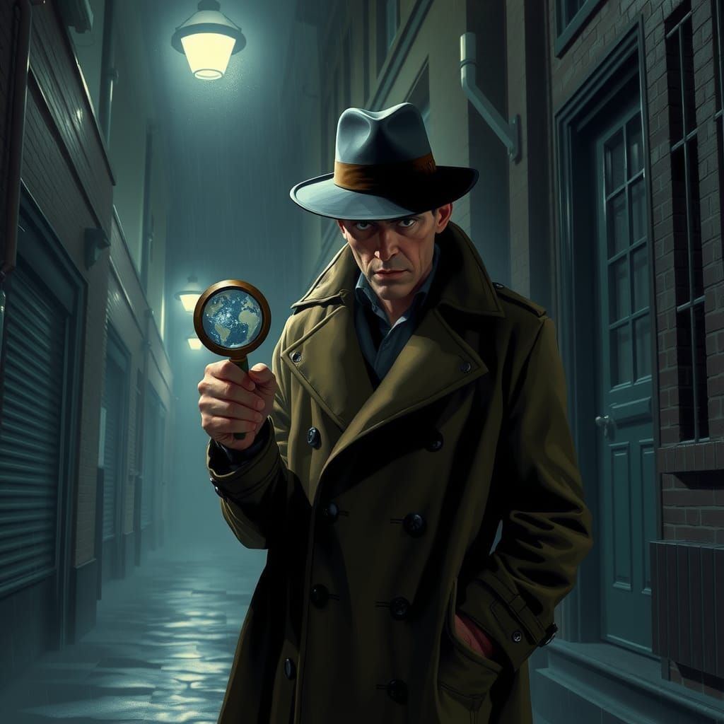 Film Noir Detective in Rainy Alleyway