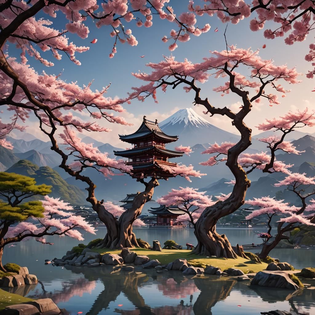 A beautiful ancient sakura tree in front of a lake. Mountain...