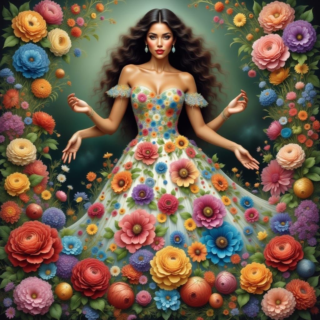 <lora:Pino Flux:1.0> <lora:GuacaMOle Flux:1.0> <lora:Enchanted woman:1.0> <lora:Garden of Midnight:1.0>"beautiful latina wearing a dress of ...