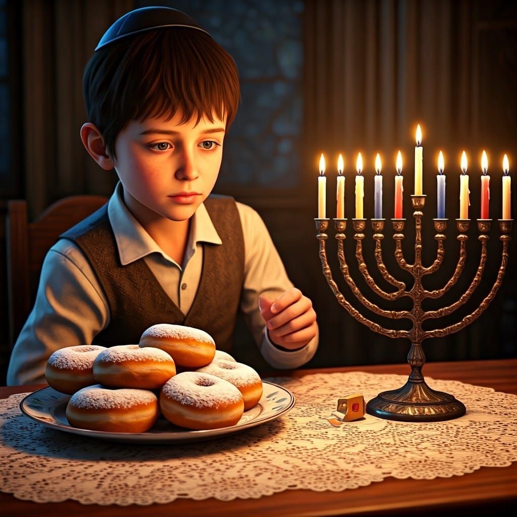 Hasidic Boy Lighting Chanukah Candles in Traditional Attire