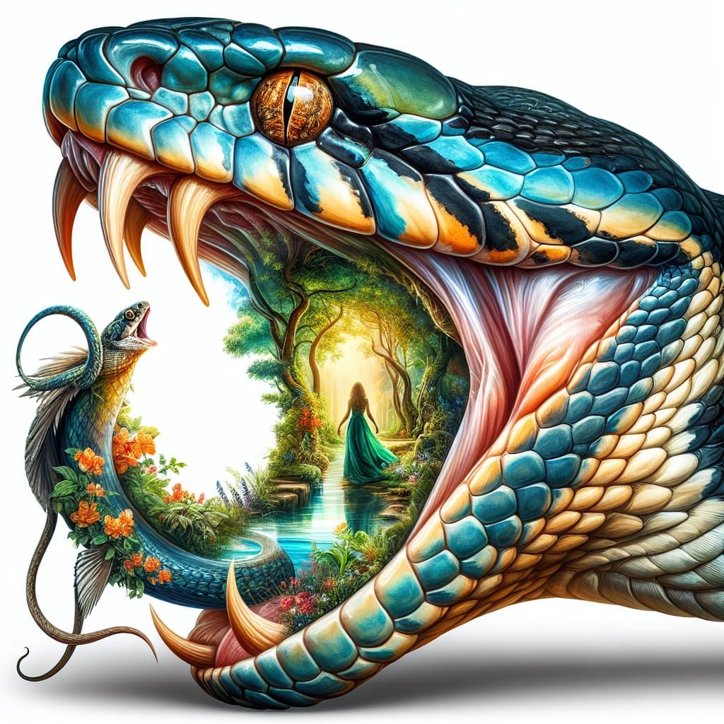 A breathtaking double exposure masterpiece, featuring a close-up of a venomous snake with an open, menacing ...  by @pat lewis