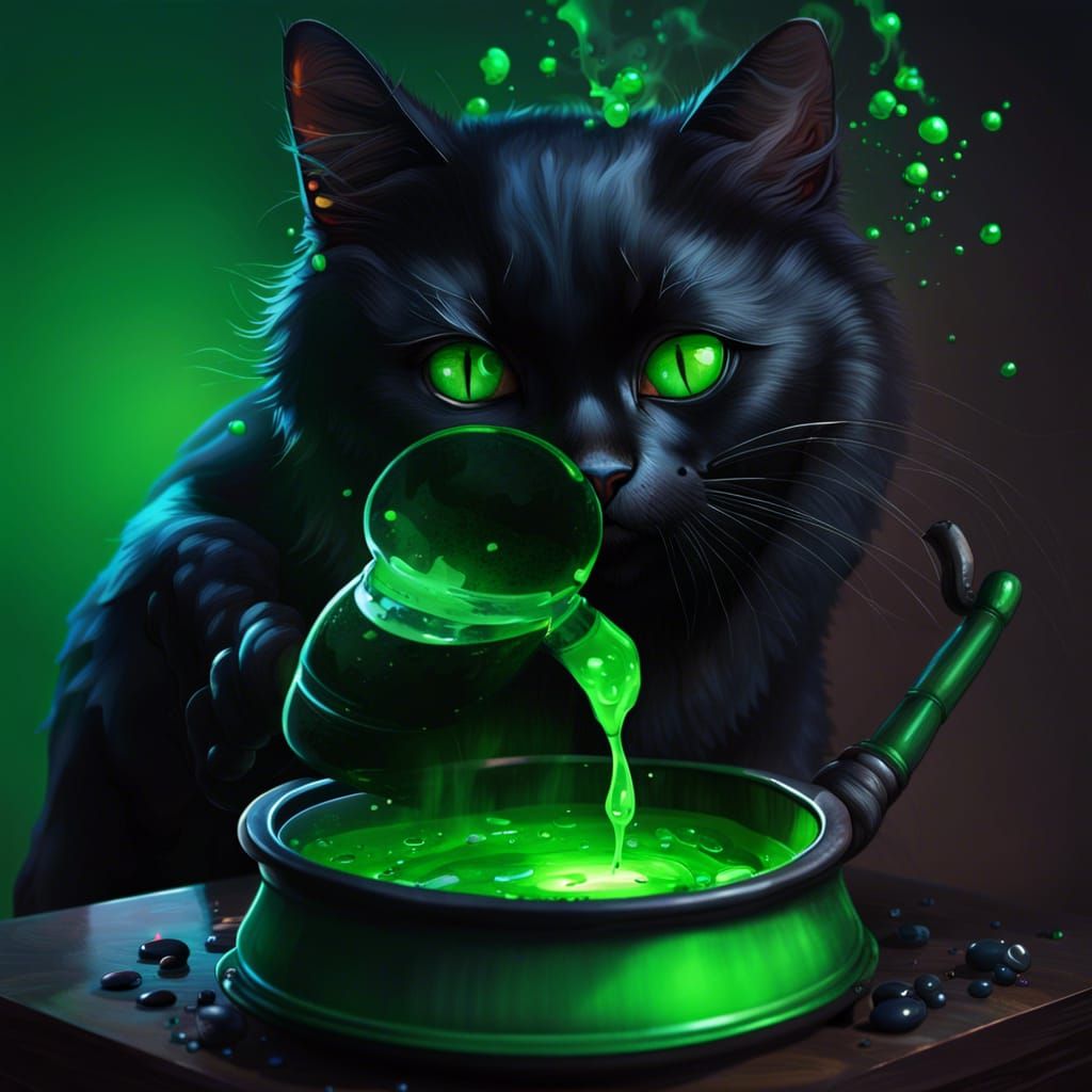 black cat making potions from a cauldron of green liquid clear face ...