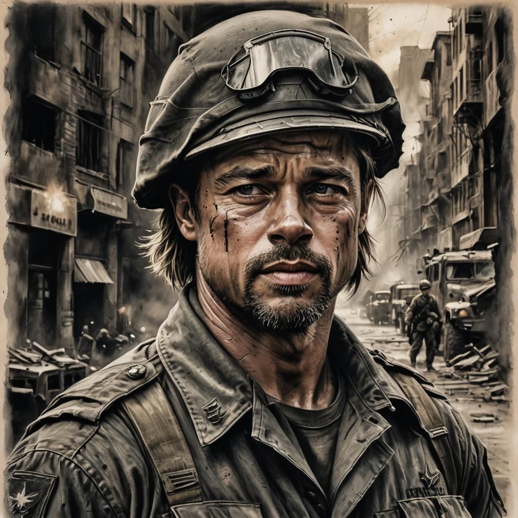 Brad Pitt in an army uniform fighting