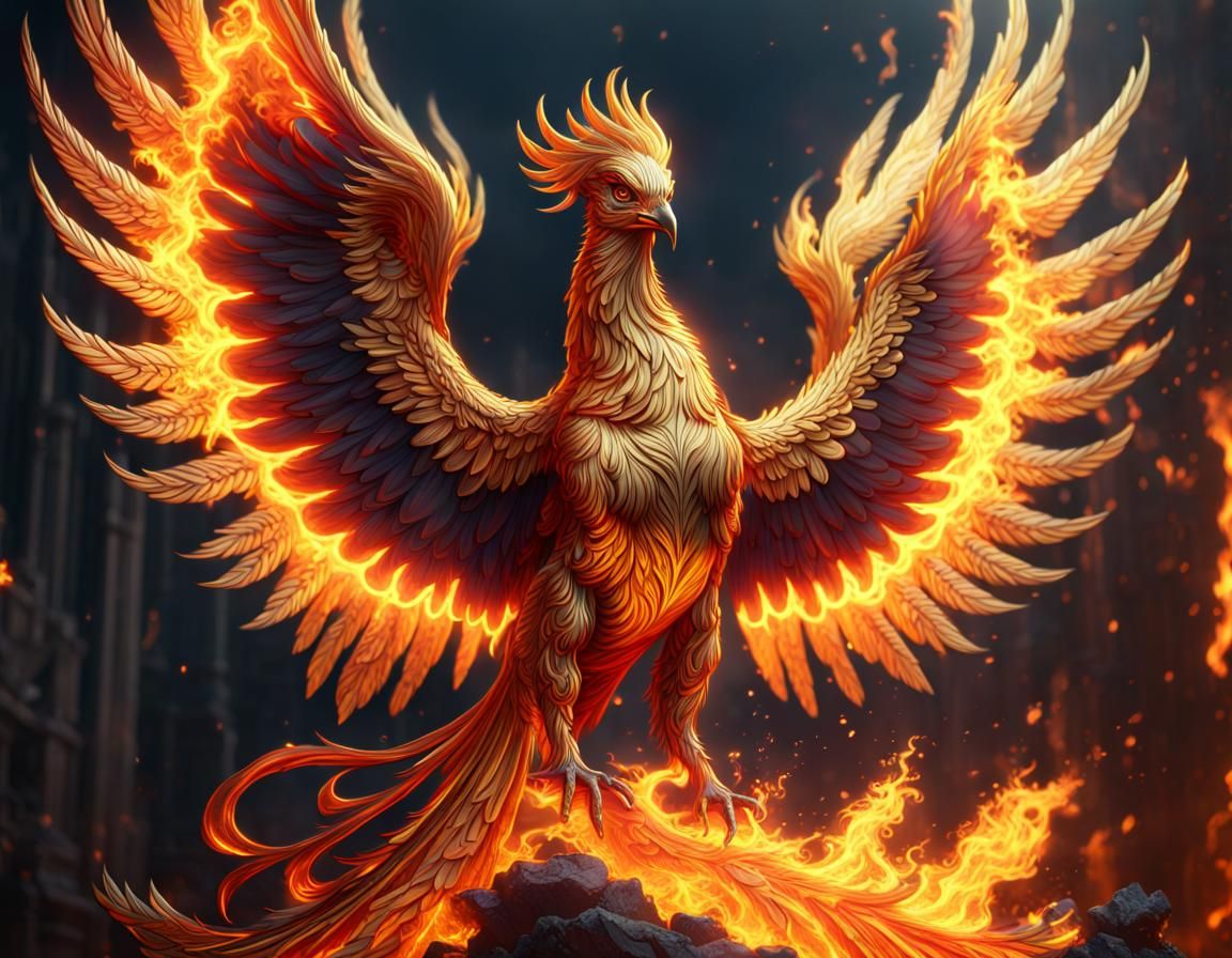 Phoenix made of fire and molten gold, detailed matte painting, deep color, fantastical, intricate detail, ...  by @NyghtRaven