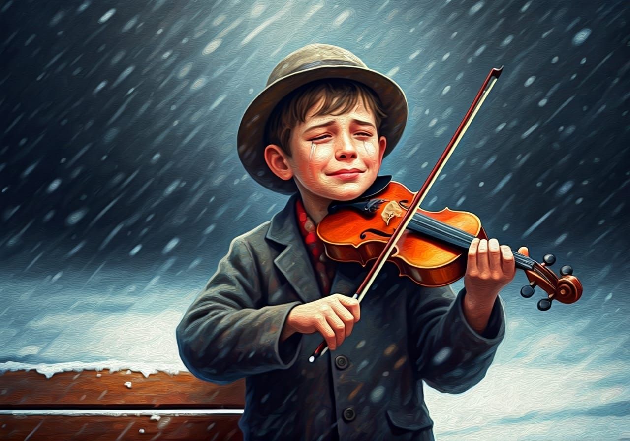 Boy Plays Violin in Snow, Impressionist Gouache Style