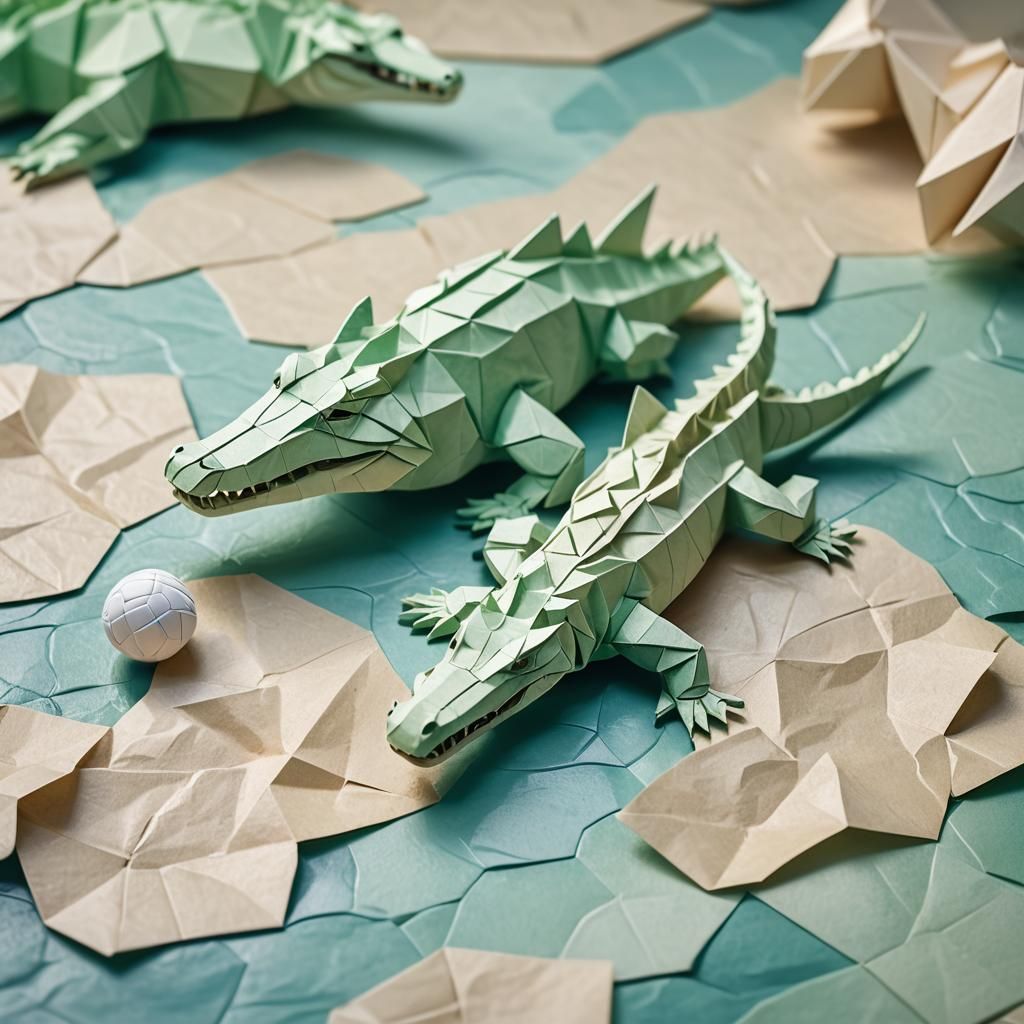 Origami Crocodile Plays Volleyball in Pool