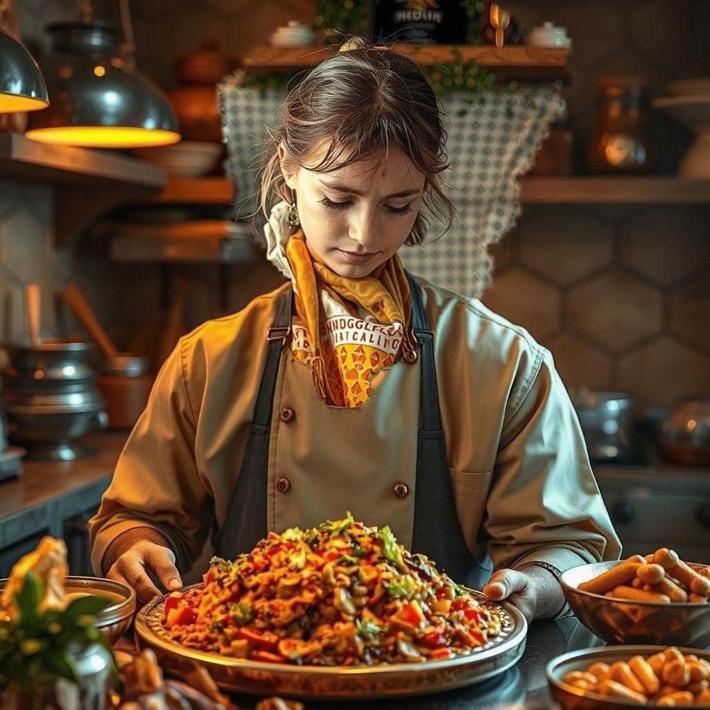 Chef Presents Yemeni Dish, Detailed Digital Art