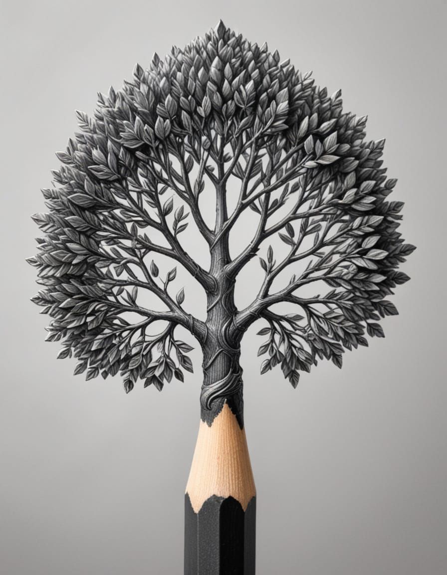 Close-up of a pencil tip transforming into a graphite Tree of Life