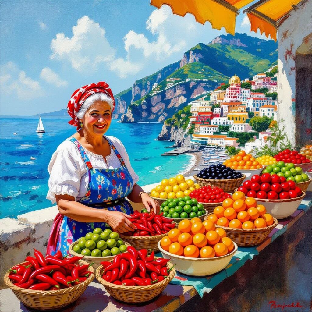 Amalifi coast road, nonna selling hot chillis, tomatoes, red peppers, olives, oranges on a little road ...  by @Funster