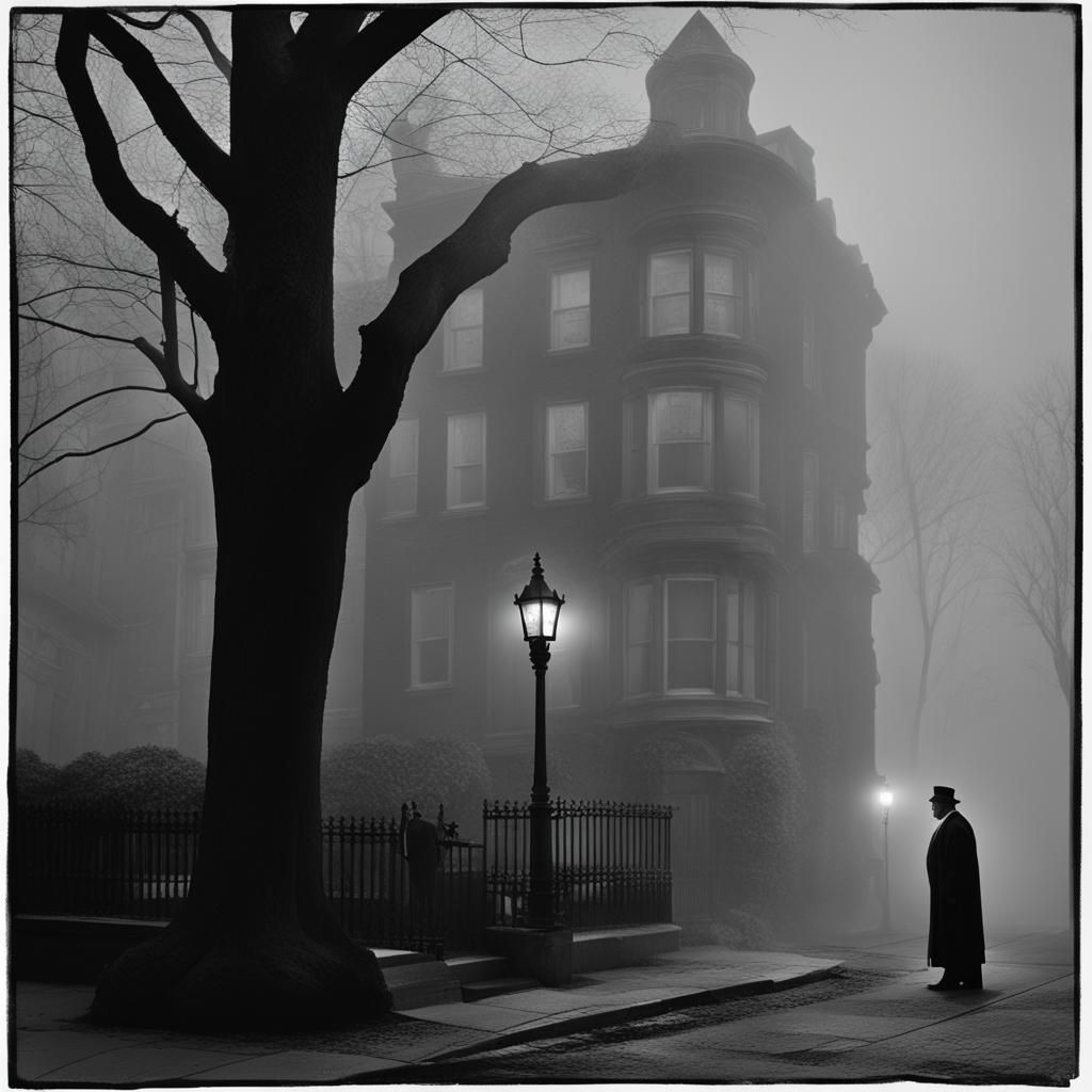 old priest facing a Georgetown brownstone ((in deep, dark, dense fog,)) only light is ((one dull streetlamp)) ...  by @Baron Bruce