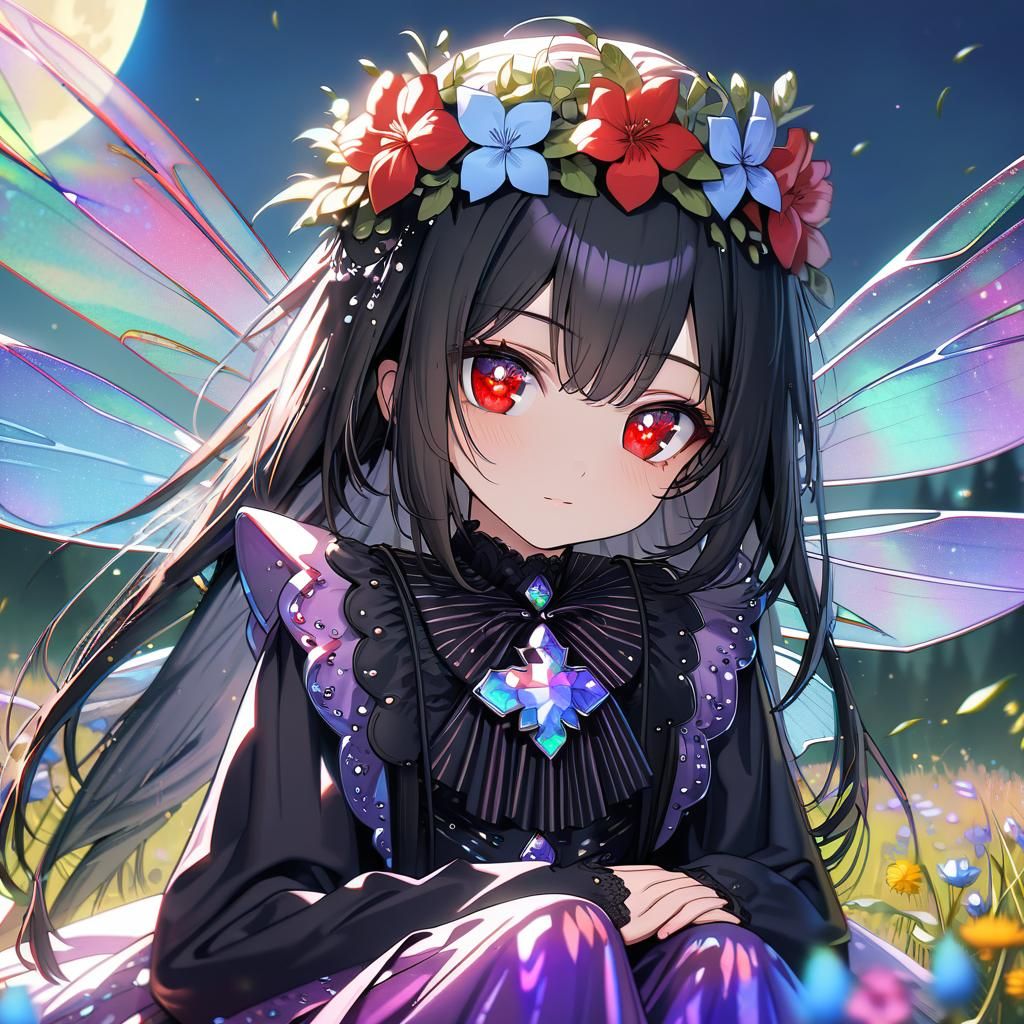 Anime Fairy Girl with Iridescent Wings in Meadow