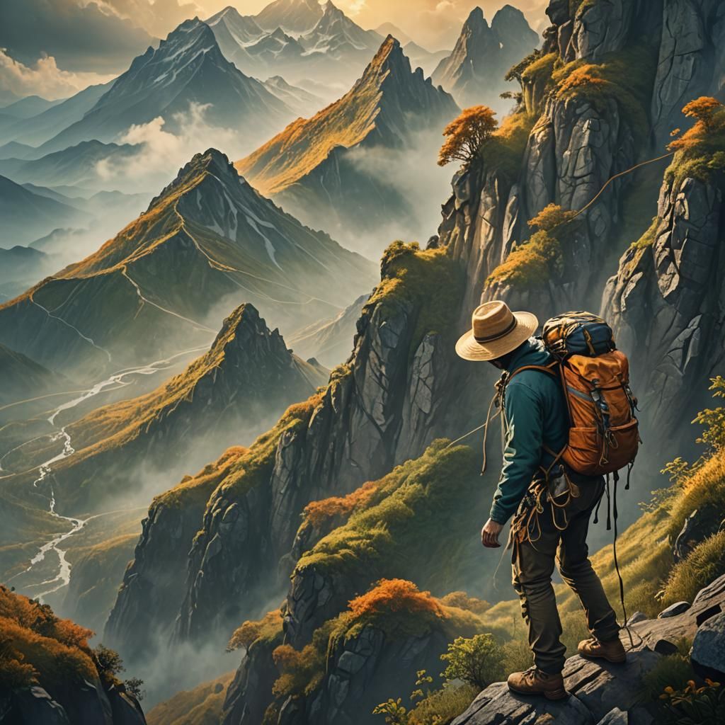 Man Climbing Mountain in Fantasy Matte Painting
