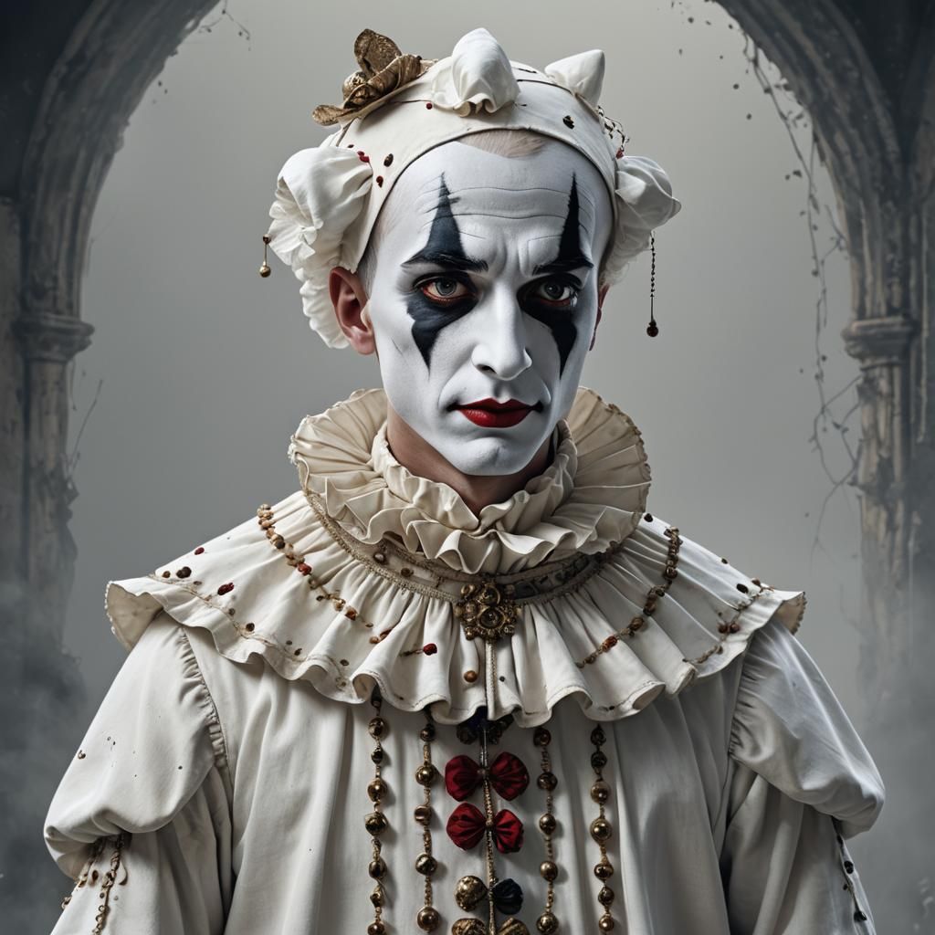 hyperrealistic portrait of a man dressed as a pierrot, he's ...