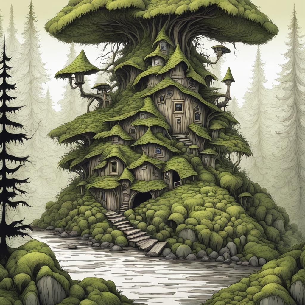 Hut, pine tree forest, goblin, mossy rocks, style of Brian Froud - AI ...