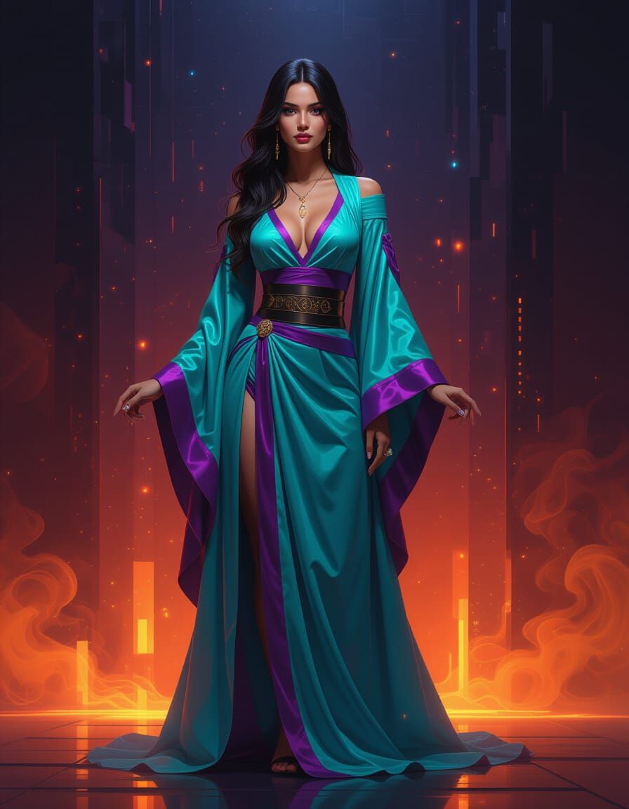 Cyberpunk Mysticism: Woman in Turquoise and Purple