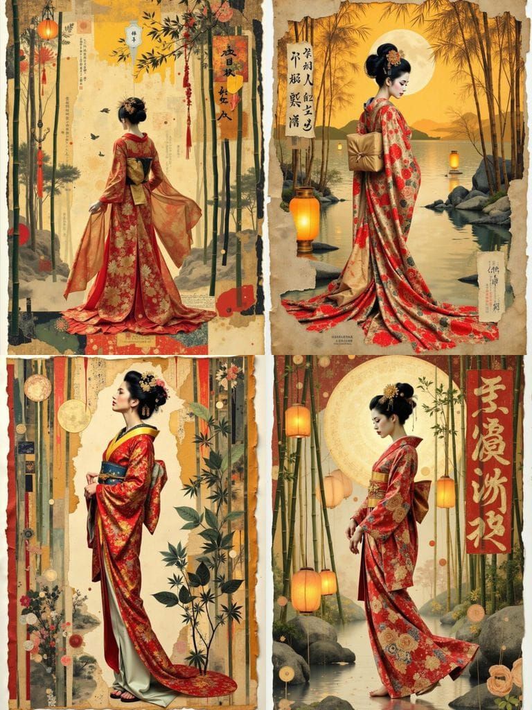 Geisha in Twilight Bamboo Garden Abstract Collage