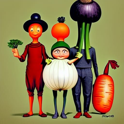 onion man and carrot man and celery dog, standing in a garden, as a
