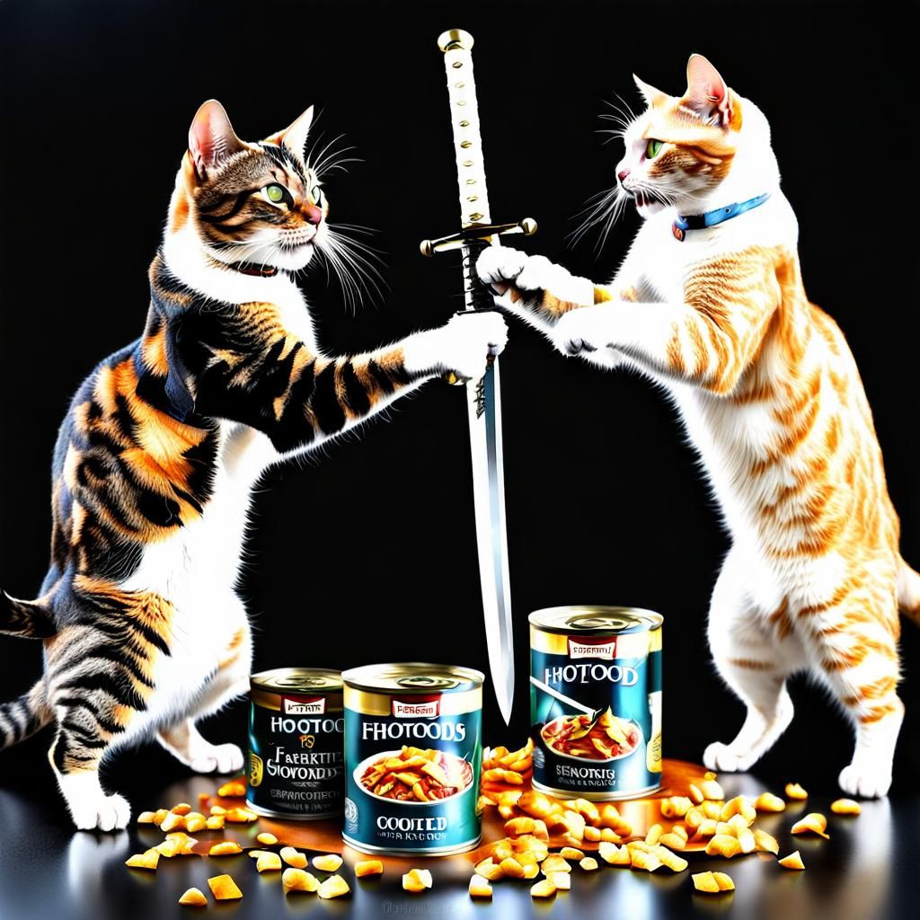 Cats fighting with swords over canned food photorealistic 