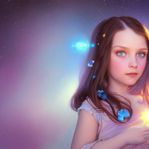 Six year old daughter with dark brown hair and light blue ey...