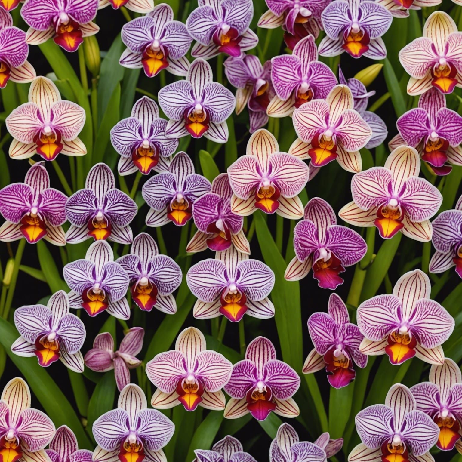 filhote de cahorro no meio de flores colorida, orquideas, co...