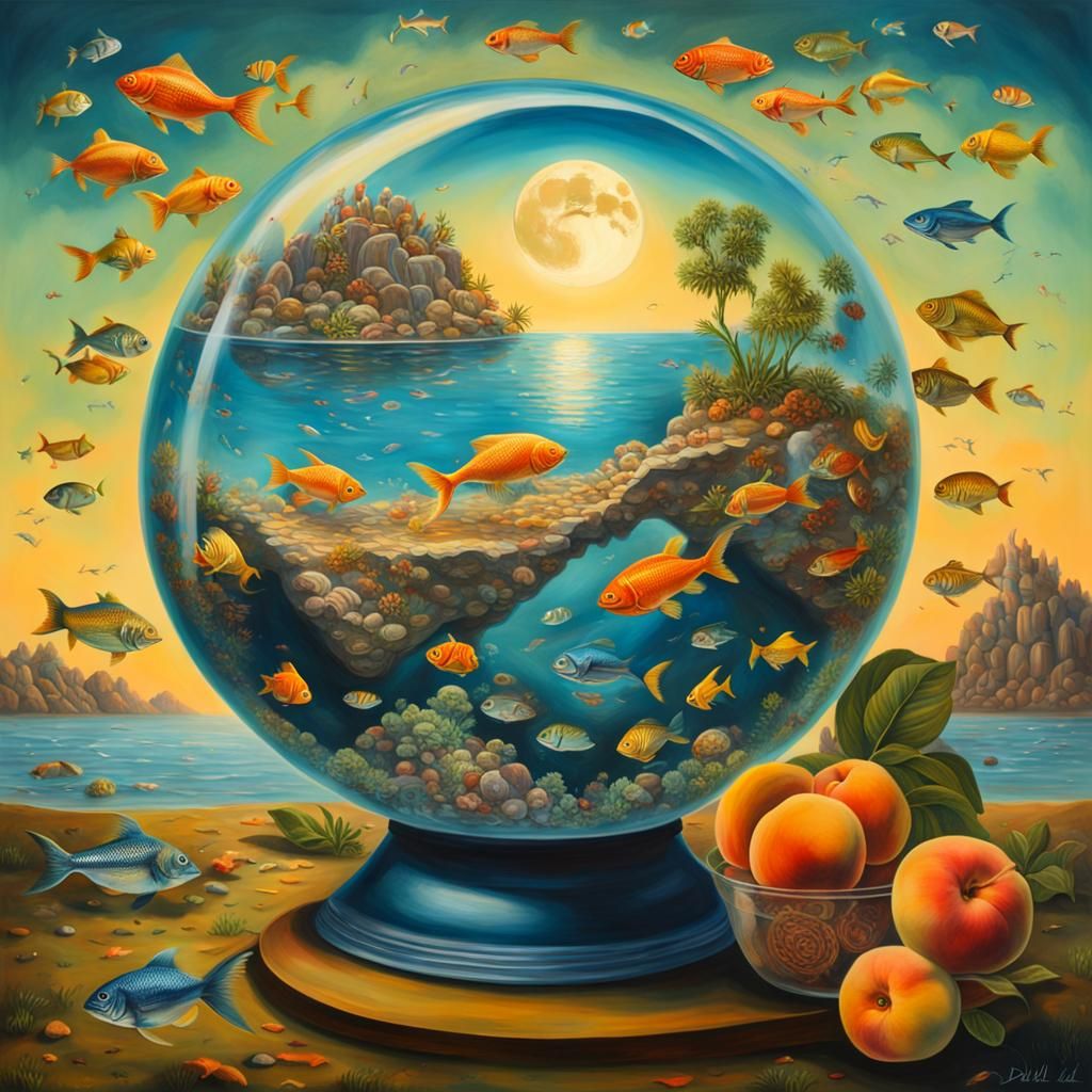 Surreal Terrarium Globe at Moonrise in Dali Style