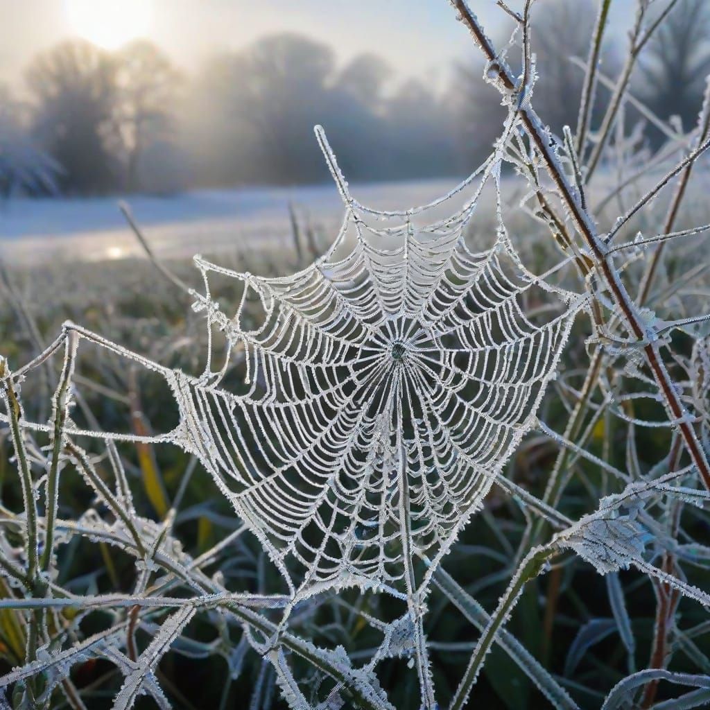 dark ice-fairy casting hoar frost onto weeds and spiderweb