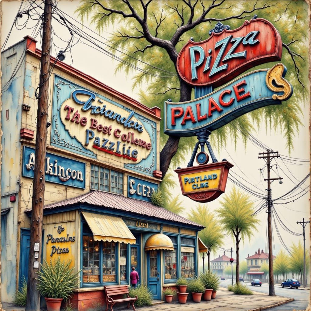 Nostalgic Pizza Palace Sign in Watercolor Impasto