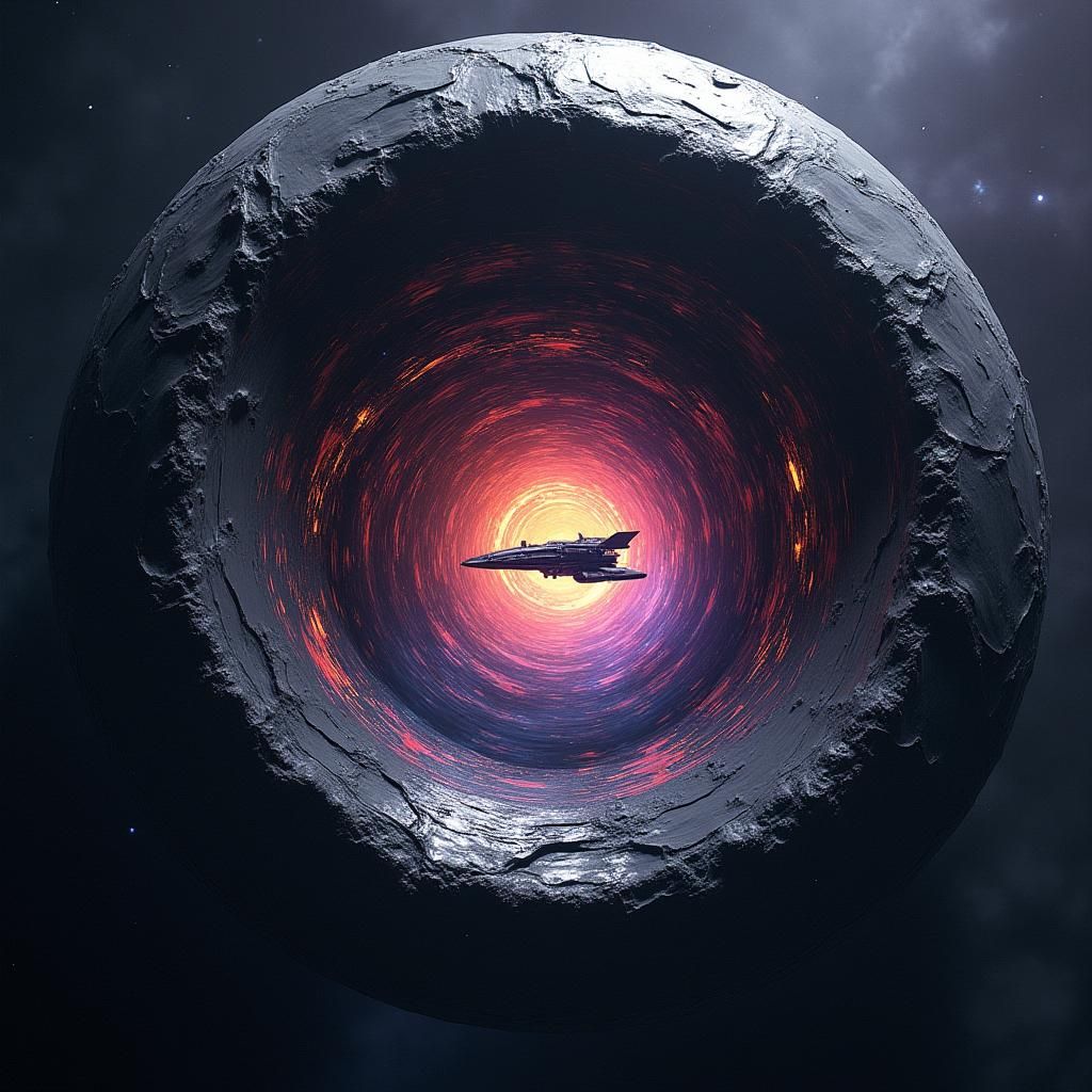 A great black smooth ring of stone-like material floating in the vastness of space, you can see the inside and outside, a distorted wormhole...