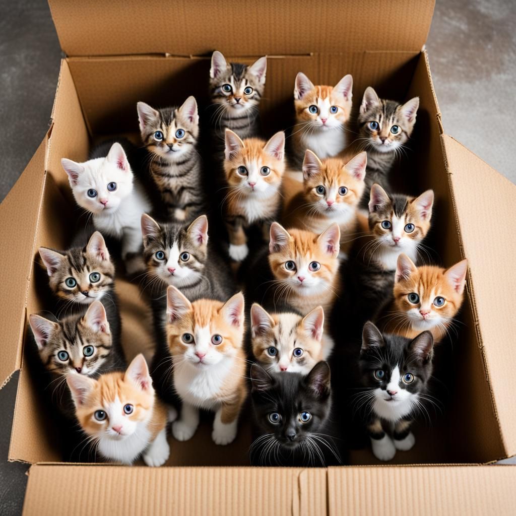 Box of kittens looking up at camera, mews
