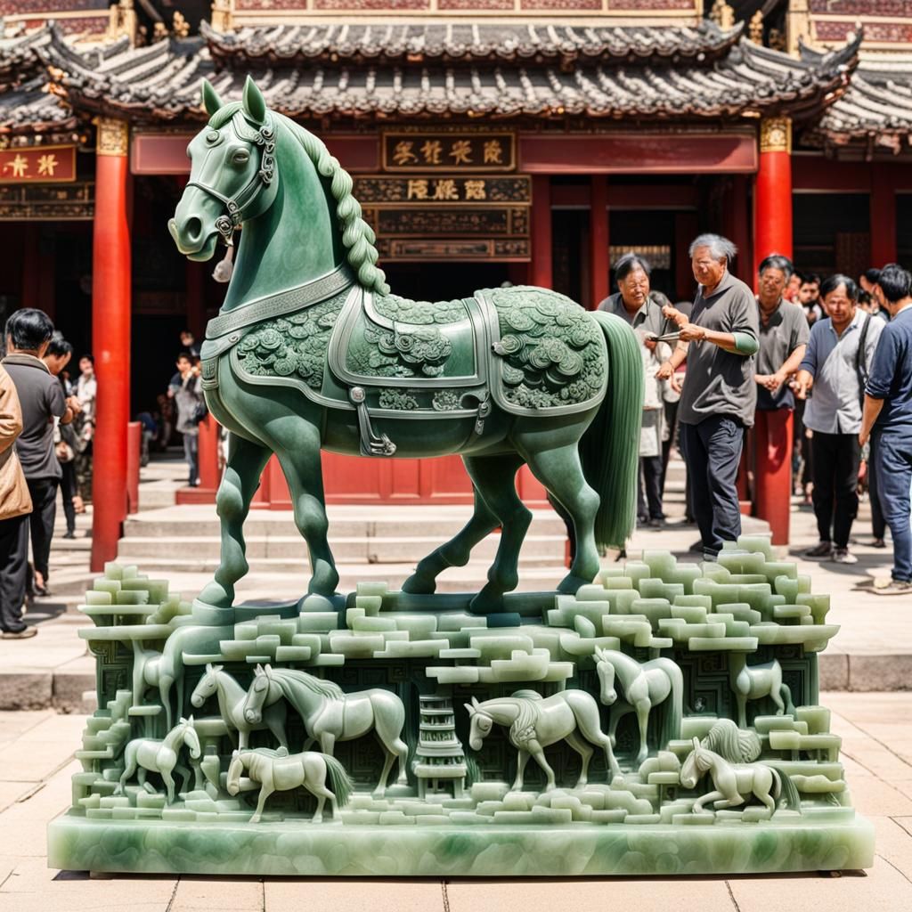 Intricately detailed jade carving of a full-sized horse on a...