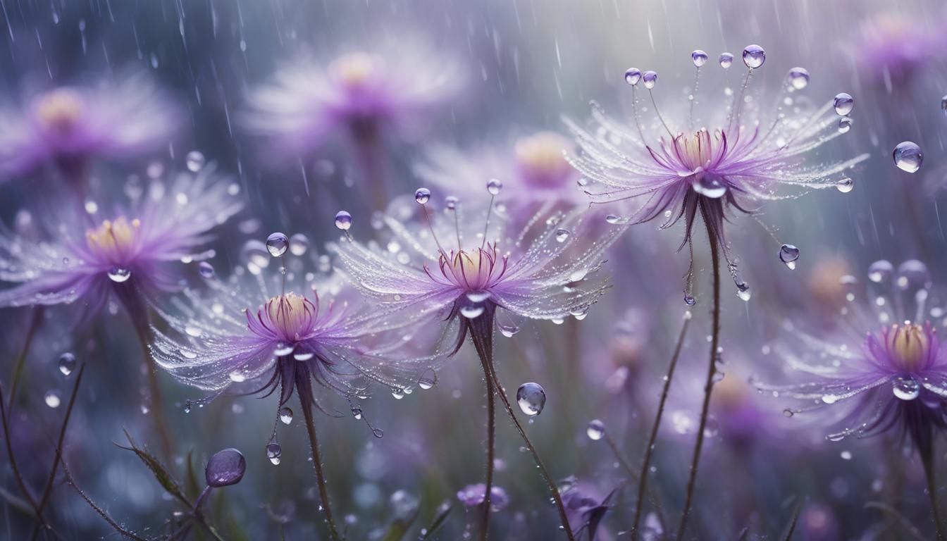 Delicate Rain-Flowers Sway in Surreal Dreamscape